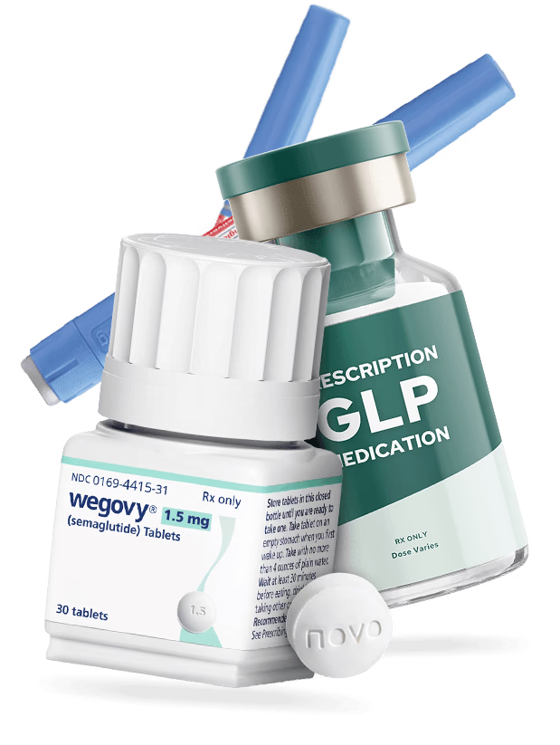 Imagem ilustrativa de embalagens com os rótulos GLP e Wegovy